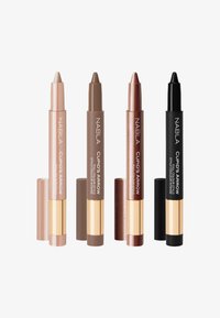 Vier NABLA Cupid's Arrow make-up potloden: één licht beige, één medium bruin, één koperkleurige glans en één zwarte, elk met een draaibaar ontwerp.