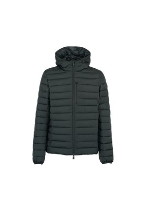 Giacca a vento trapuntata nera con cappuccio, chiusura frontale con zip, polsini elasticizzati e tasca sul petto con zip, in esposizione su uno sfondo bianco.