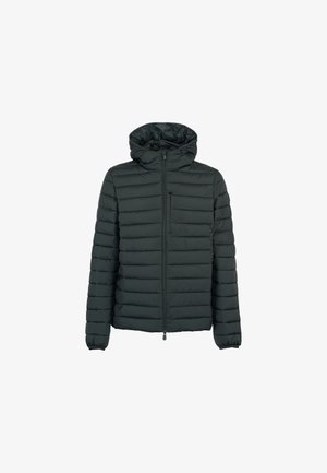 Veste matelassée noire avec capuche, fermeture à glissière frontale, poignets élastiques et poche poitrine zippée, présentée sur un fond blanc.