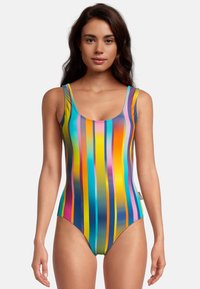 Maillot de bain une pièce multicolore à rayures comprenant des lignes verticales bleues, roses, jaunes et vertes. Tissu lisse et extensible, décolleté rond.
