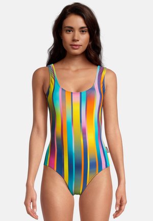 Multicolored striped one-piece swimsuit featuring vertical lines in blue, pink, yellow, and green. Smooth, stretchy fabric, scoop neckline.