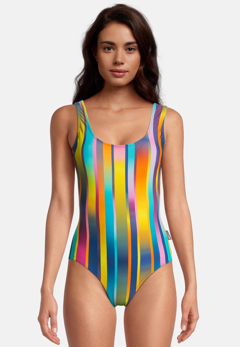 Maillot de bain une pièce multicolore à rayures comprenant des lignes verticales bleues, roses, jaunes et vertes. Tissu lisse et extensible, décolleté rond.