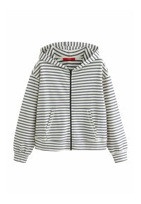 Pruhovaná mikina v krémové a navy barvě, se zipem vpředu, dvěma bočními kapsami, kapucí se stahovací šňůrkou a elastickými manžetami. Měkký bavlněný materiál.