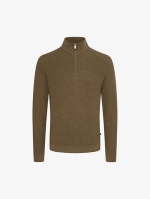 Langärmliger, olivgrüner Pullover mit hohem Kragen und halber Reißverschluss. Strukturiertes Strickmaterial sowie gerippte Bündchen und Saum.