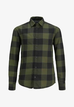 Groen-zwart geruit overhemd met lange mouwen en knopen, met kraag, gefotografeerd van voren tegen een witte achtergrond.