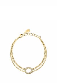 Bracelet chaîne en or composé de deux rangs, avec un fermoir circulaire orné de petits cristaux clairs et une étiquette de marque.