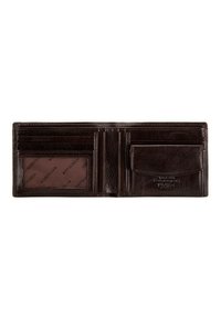 Portefeuille en cuir brun avec plusieurs emplacements pour cartes, une fenêtre pour pièce d'identité et une finition texturée. Caractérisé par un logo embossé à l'intérieur.