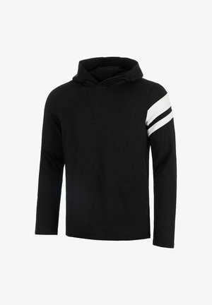 Felpa nera con maniche lunghe. Presenta una tasca frontale e tre strisce bianche sulla manica sinistra. Realizzata in tessuto morbido.