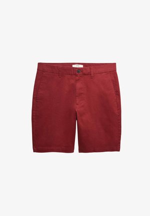 Rote Baumwollshorts mit flacher Vorderseite, zwei Seitentaschen und Knopfverschluss. Glatte Textur und maßgeschneiderte Passform.
