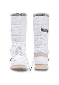 White snow boots with quilted fabric, faux fur trim, lace-up front, and a synthetic sole. Includes a silver accent on the side.