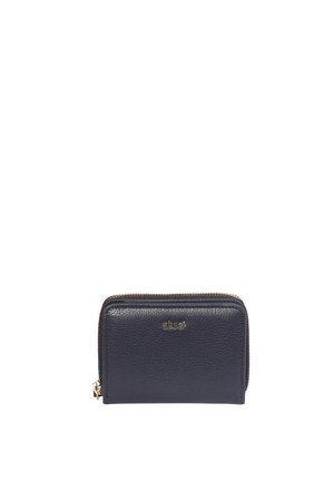 Black textured leather wallet with gold zipper and "abro" logo in gold on front center against white background.