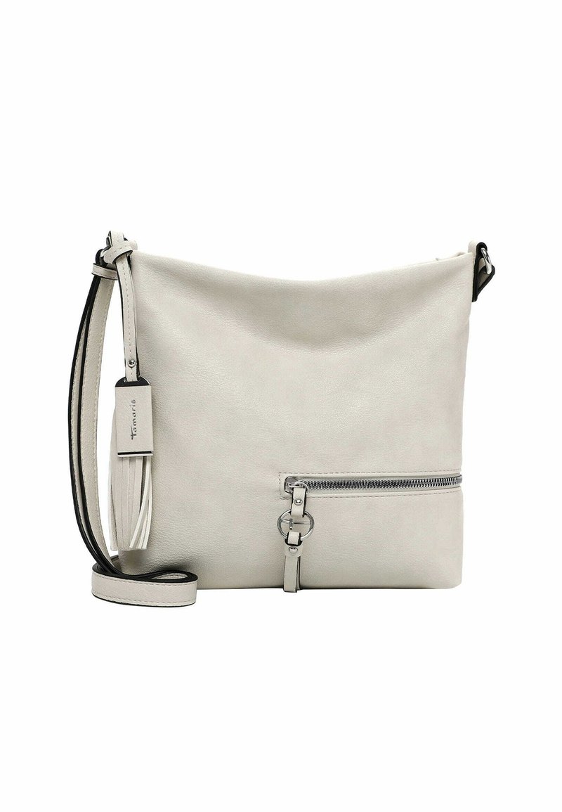 Hellgraue Lederhandtasche mit einer mit Reißverschluss versehenen Fronttasche, verstellbarem Schulterriemen und Quasten-Detail. Glatte Textur und minimalistisches Design.