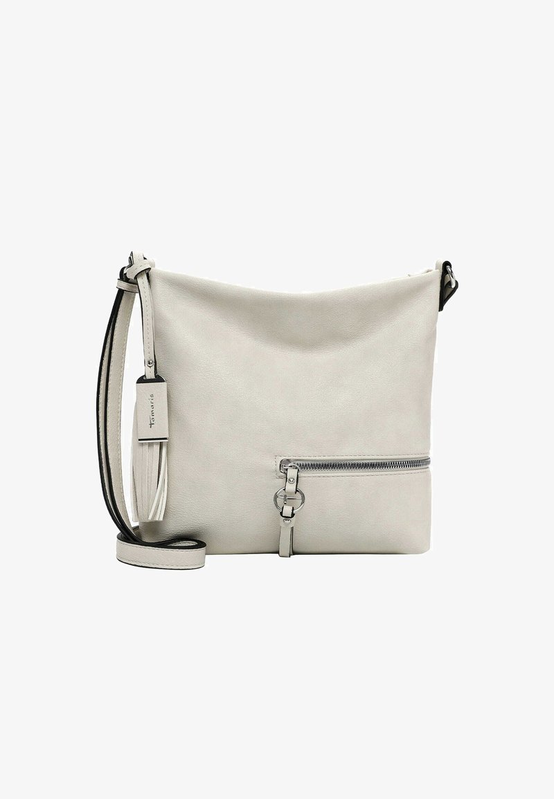 Hellgraue Lederhandtasche mit einer mit Reißverschluss versehenen Fronttasche, verstellbarem Schulterriemen und Quasten-Detail. Glatte Textur und minimalistisches Design.