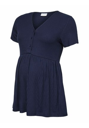 Top premaman a coste blu navy con maniche corte, scollatura a V, bottoni sul petto e orlo svasato per comfort e stile.