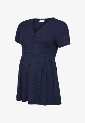 Tumed sinise soonikkidega rasedate topp lühikeste varrukatega, V-kaelus, rinnal nupud ja laienev allääre osa mugavuse ja stiili jaoks.