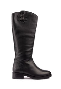 Black leather knee-high boot with a rounded toe, two buckle accents at the top, and a sturdy block heel. Smooth texture and streamlined design.