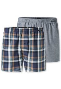 Deux paires de boxers pour hommes : l'une à carreaux avec des couleurs marine, marron et blanche ; l'autre unie grise. Les deux présentent des ceintures élastiques.