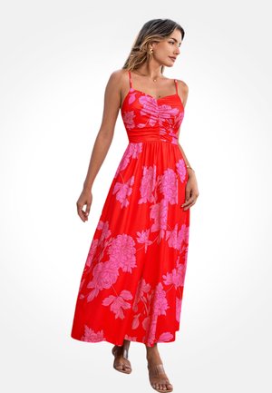 Czerwona długa sukienka maxi w różowy kwiatowy wzór, z regulowanymi ramiączkami, marszczonym biustem i lejącym się dołem. Gładka tkanina i luźne dopasowanie.