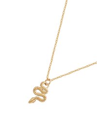 Kuldne madu ripatsiga kaelakee, millel on keeruline detailitöö, seotud ketid, sile tekstuur ja peeneldud disain. Elegantne ja minimalistlik.