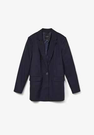 Blazer marine, à bouton unique à l'avant, revers crantés, deux poches avant, tissu lisse, design ajusté, doublure complète et coutures minimales.