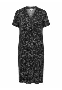 Rochie scurtă cu mânecă scurtă, de culoare neagră, cu decolteu în V, având un model cu buline albe. Fabricată dintr-un material moale, are o croială lejeră și un design până la genunchi.