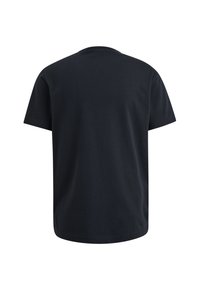 Camiseta de algodón negra con cuello redondo, mangas cortas y un diseño liso en la parte posterior. Textura suave, corte regular. Sin patrones ni acentos.