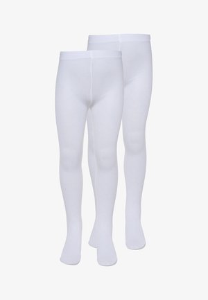 Fehér, áttetsző harisnyanadrág elasztikus anyagból, sima felülettel és egyszerű kialakítással, széles derékpánttal, két pár látható.