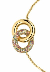 Guldtonad hänge med sammanlänkade cirklar; en slät och polerad och den andra prydd med färgglada kristaller. Finstämd kedja ingår.