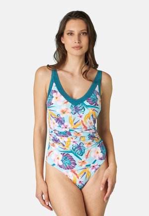 Costume intero in un motivo floreale con colori vivaci, caratterizzato da un collo e spalline turchesi, e una silhouette aderente.