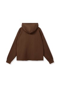 Sweat à capuche marron court avec capuche, fabriqué dans un matériau doux. Comprend des manches larges et un ourlet droit au bas sans coutures ni accents visibles.