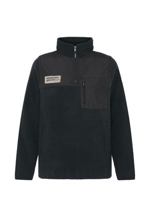 Pullover in polare di colore blu scuro, con zip frontale, colletto alto e un pannello frontale in contrasto nero con tasca e dettagli dell'etichetta.