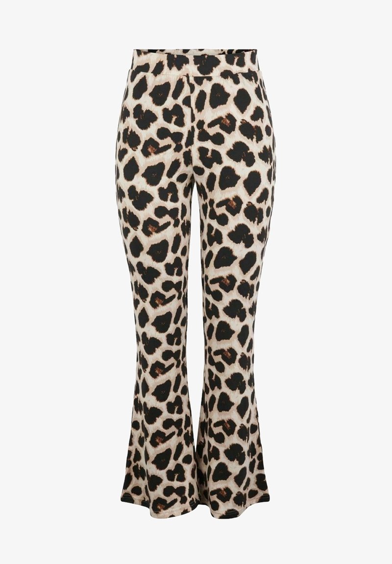 Pantalon taille haute évasé avec un fond beige et un motif léopard irrégulier noir et marron.