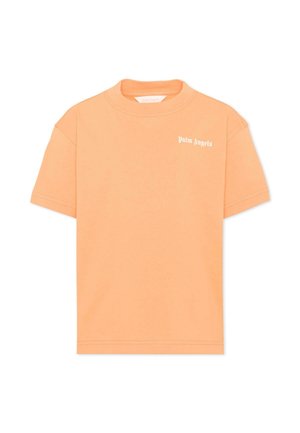 T-shirt z krótkim rękawem w kolorze brzoskwiniowym z okrągłym dekoltem i małym białym logo tekstowym „Palm Angels” na lewej piersi.