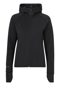 Felpa nera con zip a tutta lunghezza realizzata in tessuto morbido e elastico. Presenta un cappuccio, maniche raglan e aperture per i pollici. Design semplice senza loghi visibili.