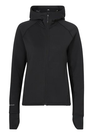 Schwarze Full-Zip-Hoodie aus weichem, dehnbarem Material. Verfügt über eine Kapuze, Raglanärmel und Daumenlöcher. Einfaches Design ohne sichtbare Logos.