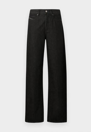 Black wide-leg denim jeans with front button and zipper, belt loops, and five pockets against a white background.