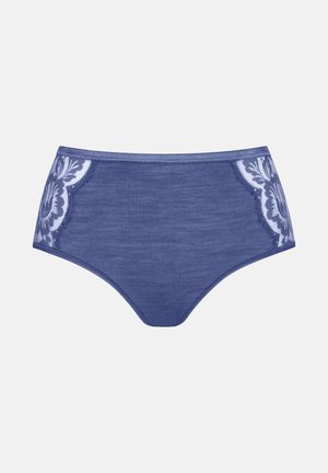 High-waisted blue underwear with textured body, featuring floral lace accents on the sides and a smooth finish throughout.