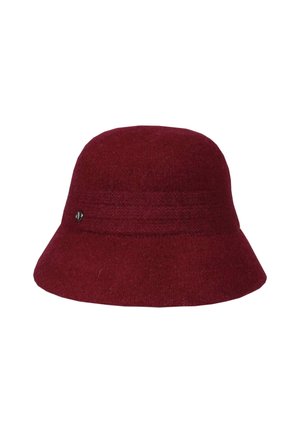 Burgundy wool bucket hat with a soft texture, featuring two horizontal rows of stitching and a small metallic badge on the side.