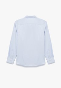 Lichtblauw lange mouwen shirt met een kraag, knoopsluiting en afgeronde onderkant. Gladde stof met subtiele glans en twee achterste prinsen.