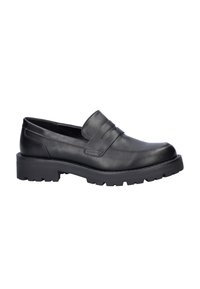 Black leather loafers feature a low profile, thick rubber sole with traction, and a decorative band across the front.