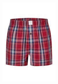 Röda och blå rutig boxershorts tillverkade av bomull, med elastisk midja, knappgylf och kontrasterande rutmönster över hela plagget.