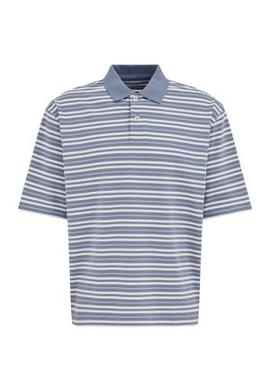 Lyhythihainen poolopaita, jossa on sinivalkoiset vaakaraitakuviot, kaksi nappia ja yksivärinen sininen kaulus.