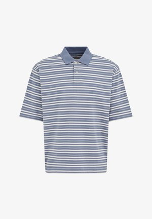 Polokošeľa s krátkym rukávom, modro-biele horizontálne pruhy, dva gombíky a jednofarebný modrý golier.