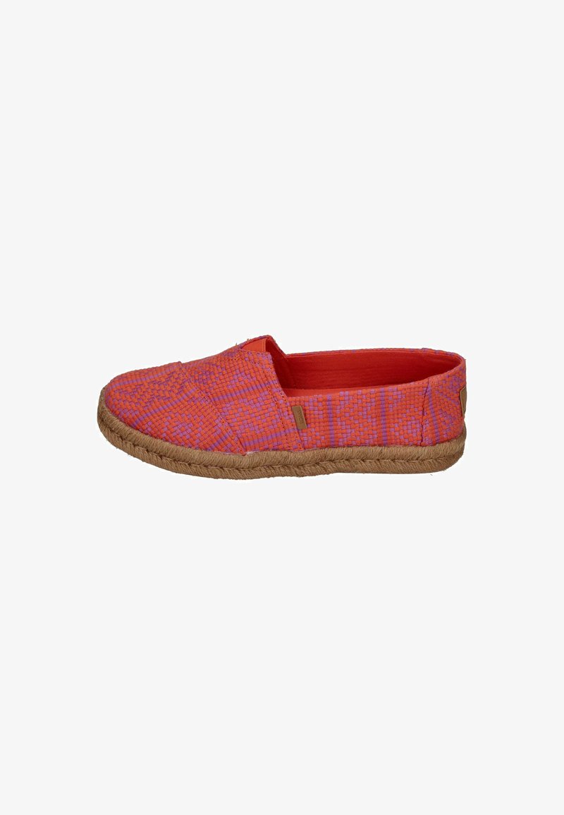 Red and pink woven fabric slip-on shoe with a textured pattern and a natural jute sole. No visible hardware or accents.
