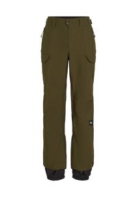 Olivgrüne Cargo-Hosen aus wasserabweisendem Material, mit Reißverschlusstaschen und elastischen Bündchen. Mit zwei Cargotaschen an den Seiten.