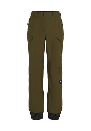 Oliivrohelised cargo püksid veekindlast kangast, lukuga taskud ja elastsed mansetid. Külgedel on kaks cargo taskut.