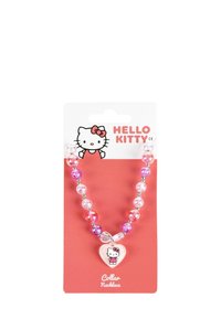 Collana colletto colorata con perline rotonde di colore rosa e viola, con un pendente a forma di cuore che rappresenta un design di Hello Kitty.