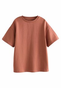 Kortærmet, oversized T-shirt i en rustfarve, lavet af ribbet stof, med en rund halsudskæring og en afslappet pasform uden grafikker.