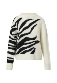 Czarny i biały sweter z dzianiny w wzór zebra, okrągły dekolt, długie rękawy oraz ribbowe mankiety i dół.