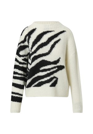 Schwarz-weißer gestrickter Pullover mit Zebra-Streifenmuster, Rundhalsausschnitt, langen Ärmeln sowie gerippten Bündchen und Saum.